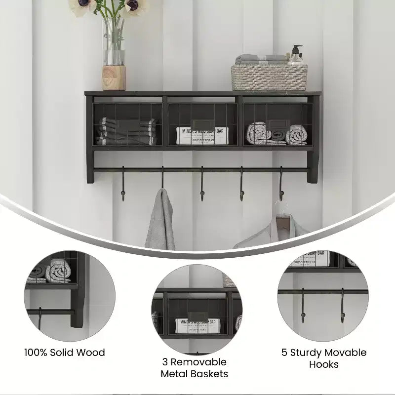Merrick Lane Wall Mount 24 Inch Solid Pine Wood Storage Rack with Upper Shelf, 5 Hooks, and Wire Baskets for Living Room, Kitchen, or Entryway