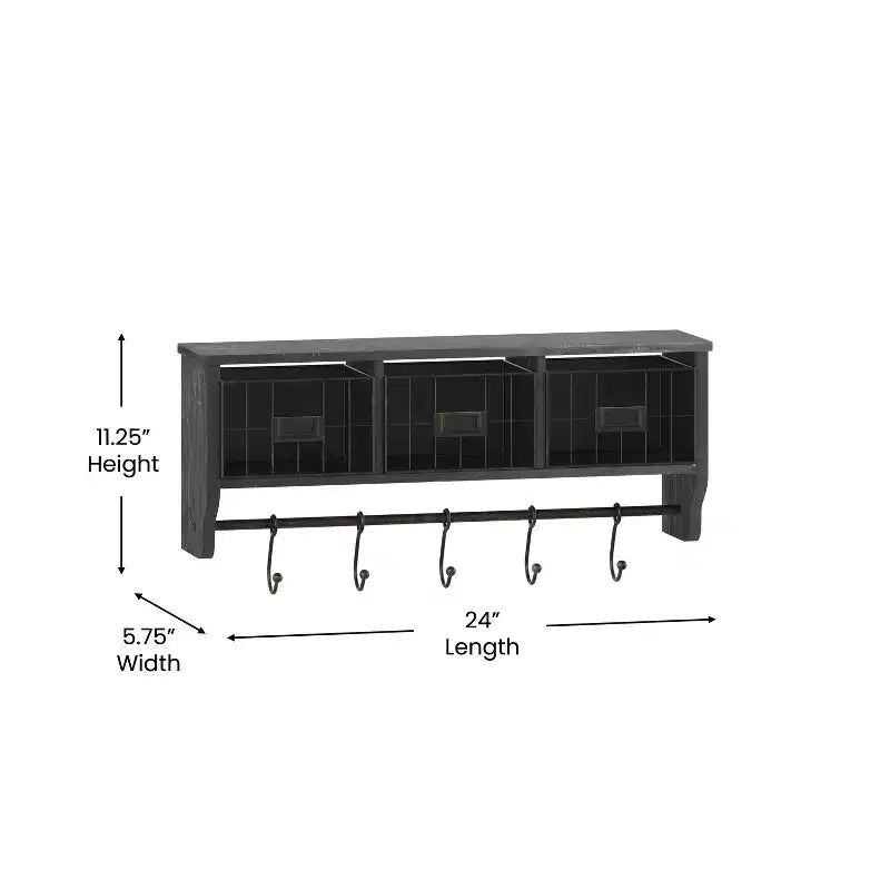 Merrick Lane Wall Mount 24 Inch Solid Pine Wood Storage Rack with Upper Shelf, 5 Hooks, and Wire Baskets for Living Room, Kitchen, or Entryway
