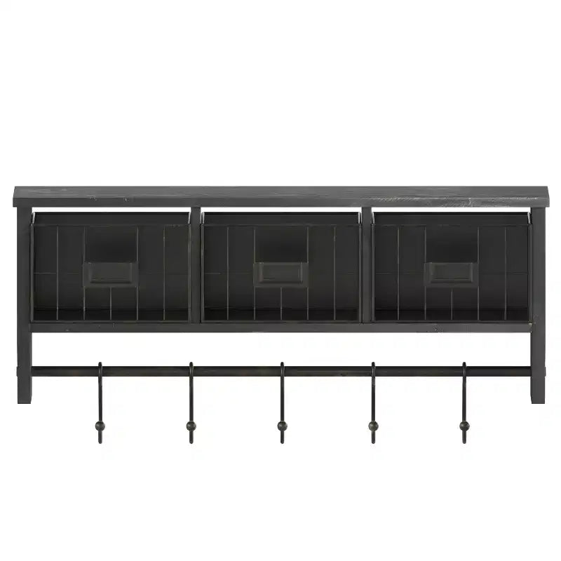 Merrick Lane Wall Mount 24 Inch Solid Pine Wood Storage Rack with Upper Shelf, 5 Hooks, and Wire Baskets for Living Room, Kitchen, or Entryway