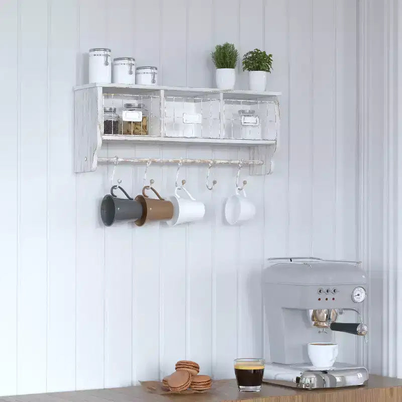 Merrick Lane Wall Mount 24 Inch Solid Pine Wood Storage Rack with Upper Shelf, 5 Hooks, and Wire Baskets for Living Room, Kitchen, or Entryway