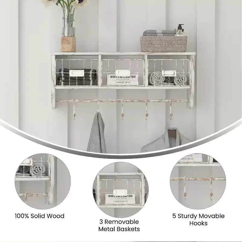 Merrick Lane Wall Mount 24 Inch Solid Pine Wood Storage Rack with Upper Shelf, 5 Hooks, and Wire Baskets for Living Room, Kitchen, or Entryway