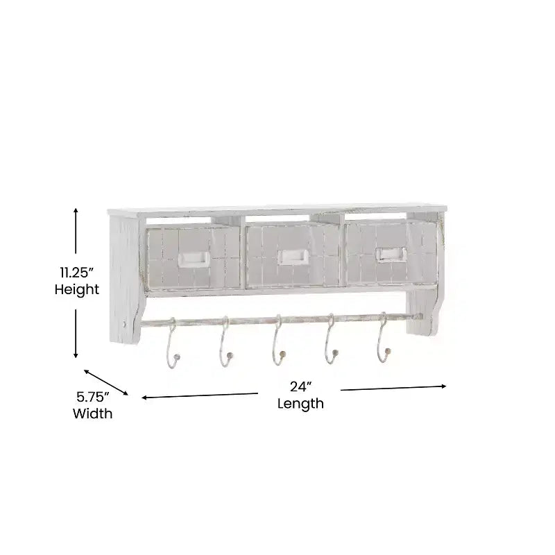 Merrick Lane Wall Mount 24 Inch Solid Pine Wood Storage Rack with Upper Shelf, 5 Hooks, and Wire Baskets for Living Room, Kitchen, or Entryway