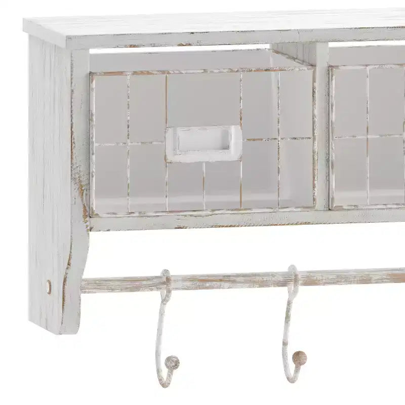 Merrick Lane Wall Mount 24 Inch Solid Pine Wood Storage Rack with Upper Shelf, 5 Hooks, and Wire Baskets for Living Room, Kitchen, or Entryway