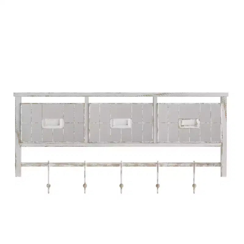 Merrick Lane Wall Mount 24 Inch Solid Pine Wood Storage Rack with Upper Shelf, 5 Hooks, and Wire Baskets for Living Room, Kitchen, or Entryway