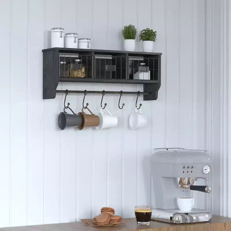 Merrick Lane Wall Mount 24 Inch Solid Pine Wood Storage Rack with Upper Shelf, 5 Hooks, and Wire Baskets for Living Room, Kitchen, or Entryway