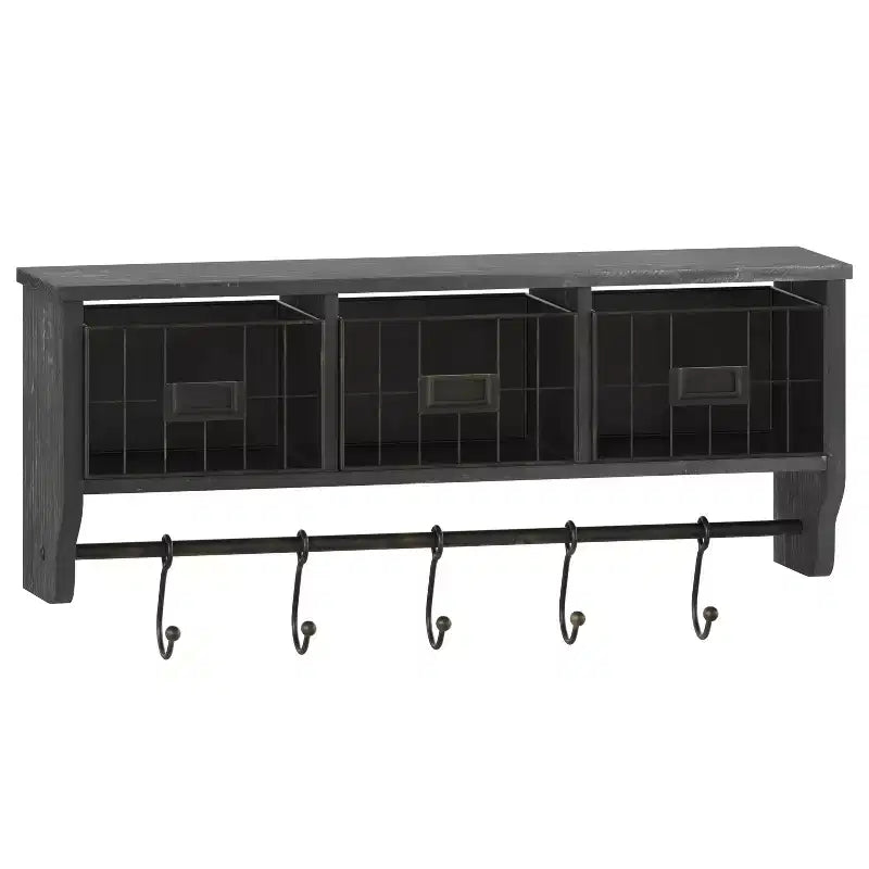 Merrick Lane Wall Mount 24 Inch Solid Pine Wood Storage Rack with Upper Shelf, 5 Hooks, and Wire Baskets for Living Room, Kitchen, or Entryway