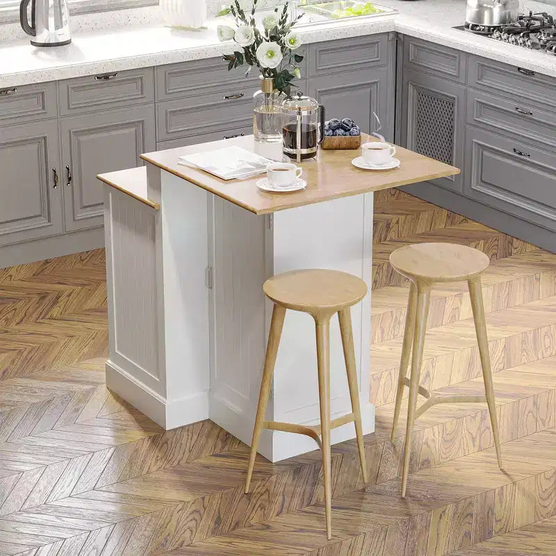 HOMCOM Kitchen Island with Storage Cabinet and 2-Level Rubber Wood Tabletop, Island Table with Adjustable Shelves and Drawers, White