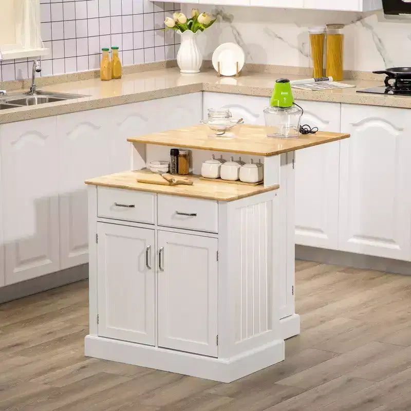 HOMCOM Kitchen Island with Storage Cabinet and 2-Level Rubber Wood Tabletop, Island Table with Adjustable Shelves and Drawers, White