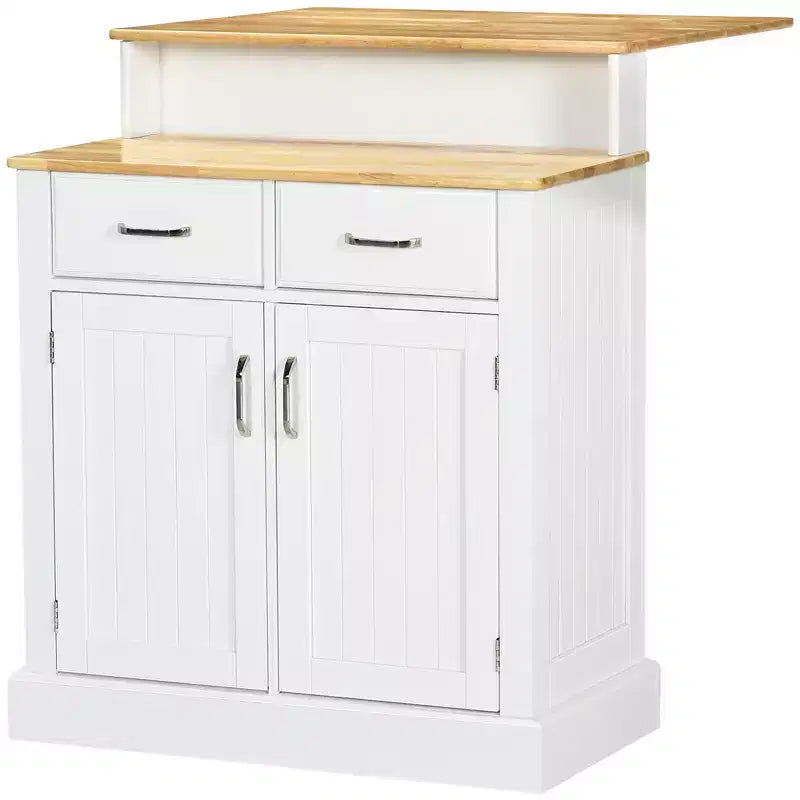 HOMCOM Kitchen Island with Storage Cabinet and 2-Level Rubber Wood Tabletop, Island Table with Adjustable Shelves and Drawers, White