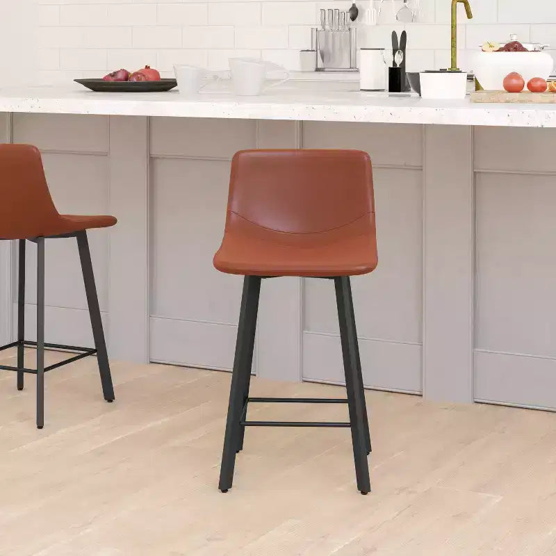 Emma and Oliver Set of Two 24 Modern Upholstered Barstools, Matte Metal Frames and Plastic Floor Glides