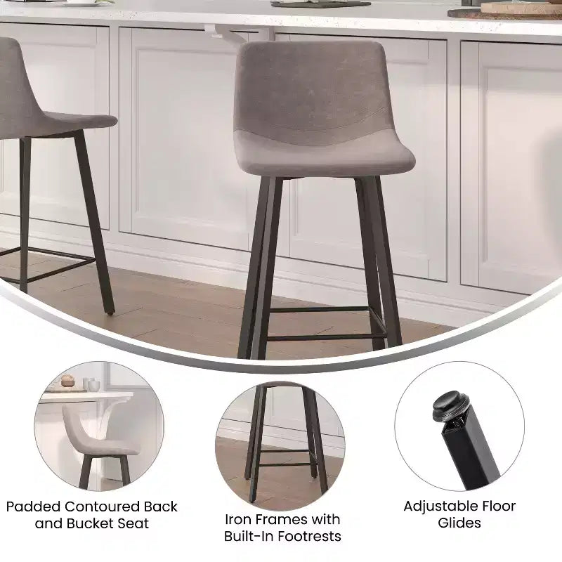 Emma and Oliver Set of Two 24 Modern Upholstered Barstools, Matte Metal Frames and Plastic Floor Glides