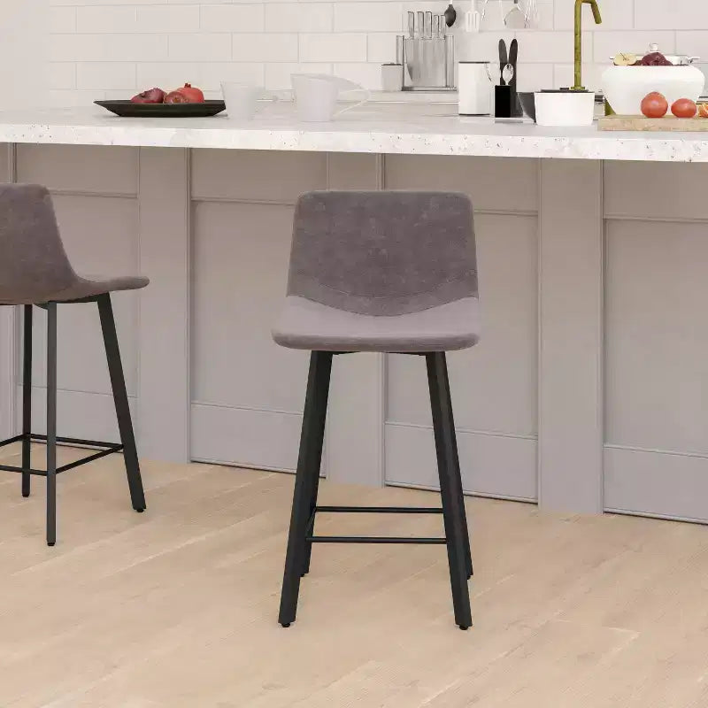 Emma and Oliver Set of Two 24 Modern Upholstered Barstools, Matte Metal Frames and Plastic Floor Glides