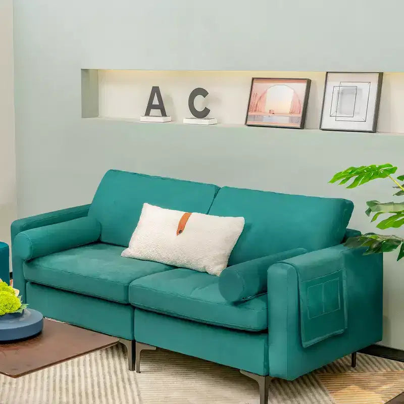 Costway Modern Loveseat 2-Seat Sofa Couch w/ 2 Bolsters Side Storage Pocket Teal