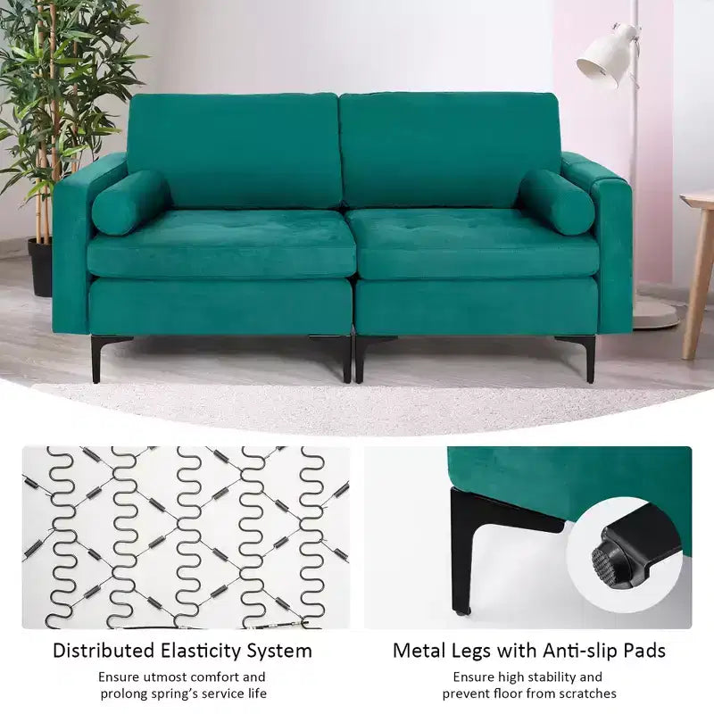 Costway Modern Loveseat 2-Seat Sofa Couch w/ 2 Bolsters Side Storage Pocket Teal