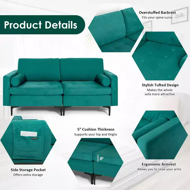 Costway Modern Loveseat 2-Seat Sofa Couch w/ 2 Bolsters Side Storage Pocket Teal