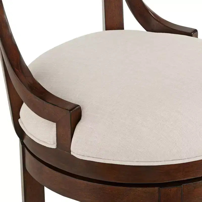 55 Downing Street Lev Walnut Wood Bar Stool Brown 24 High Farmhouse Rustic Beige Linen Cushion with Backrest Footrest for Kitchen Counter Island Home