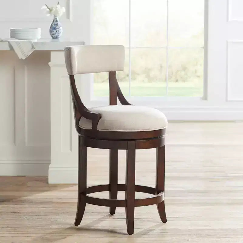 55 Downing Street Lev Walnut Wood Bar Stool Brown 24 High Farmhouse Rustic Beige Linen Cushion with Backrest Footrest for Kitchen Counter Island Home
