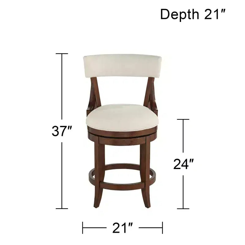 55 Downing Street Lev Walnut Wood Bar Stool Brown 24 High Farmhouse Rustic Beige Linen Cushion with Backrest Footrest for Kitchen Counter Island Home