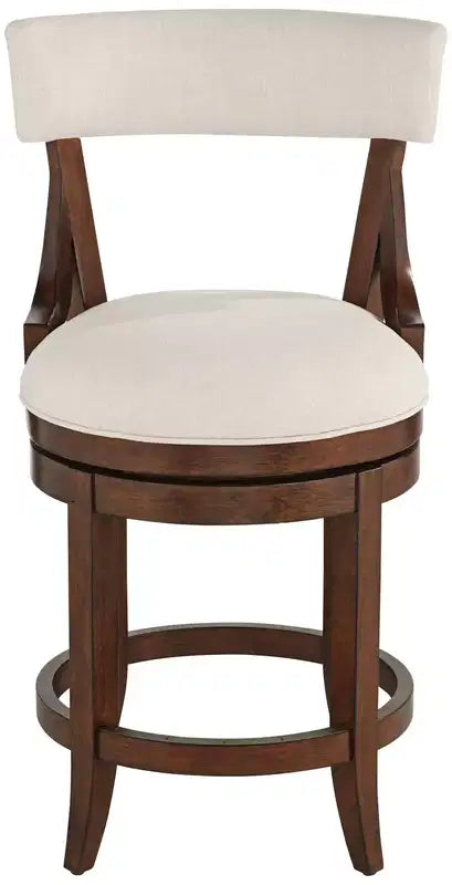 55 Downing Street Lev Walnut Wood Bar Stool Brown 24 High Farmhouse Rustic Beige Linen Cushion with Backrest Footrest for Kitchen Counter Island Home