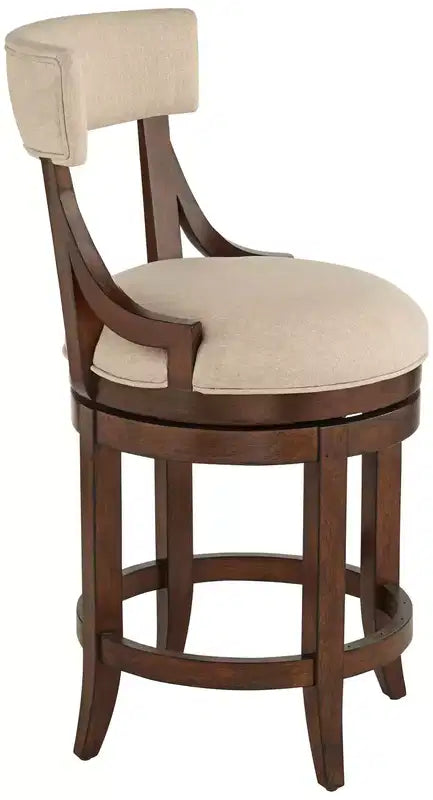 55 Downing Street Lev Walnut Wood Bar Stool Brown 24 High Farmhouse Rustic Beige Linen Cushion with Backrest Footrest for Kitchen Counter Island Home