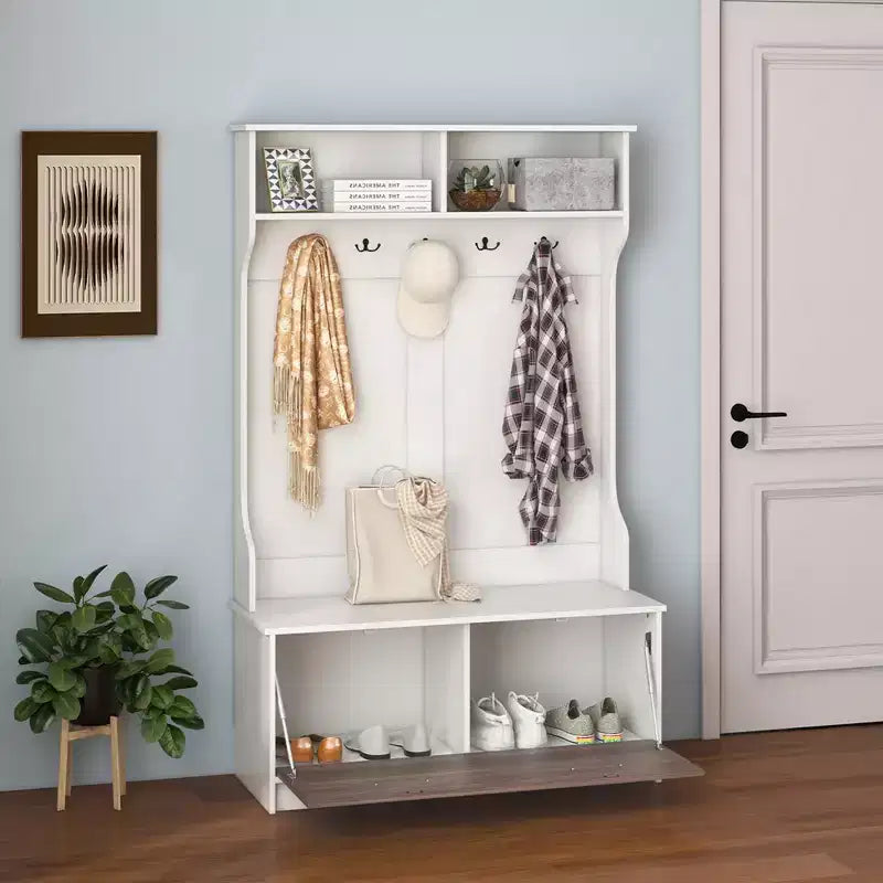 Costway 63 Inches Hall Tree with Coat Rack and Storage Bench Multifunctional Coat Rack Black/White