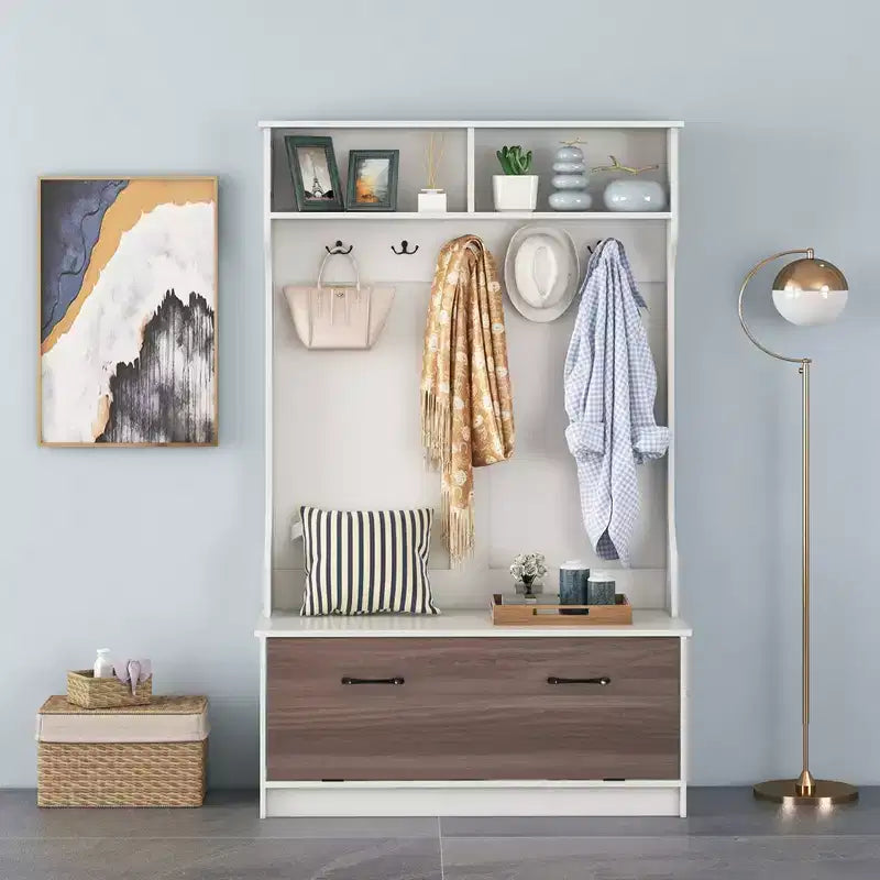 Costway 63 Inches Hall Tree with Coat Rack and Storage Bench Multifunctional Coat Rack Black/White