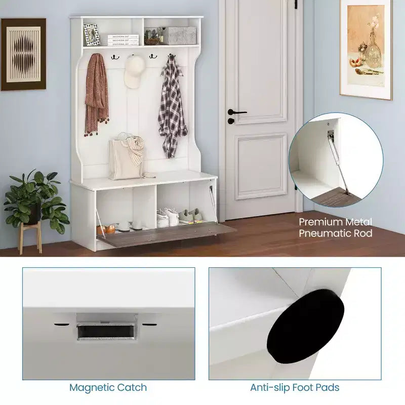 Costway 63 Inches Hall Tree with Coat Rack and Storage Bench Multifunctional Coat Rack Black/White