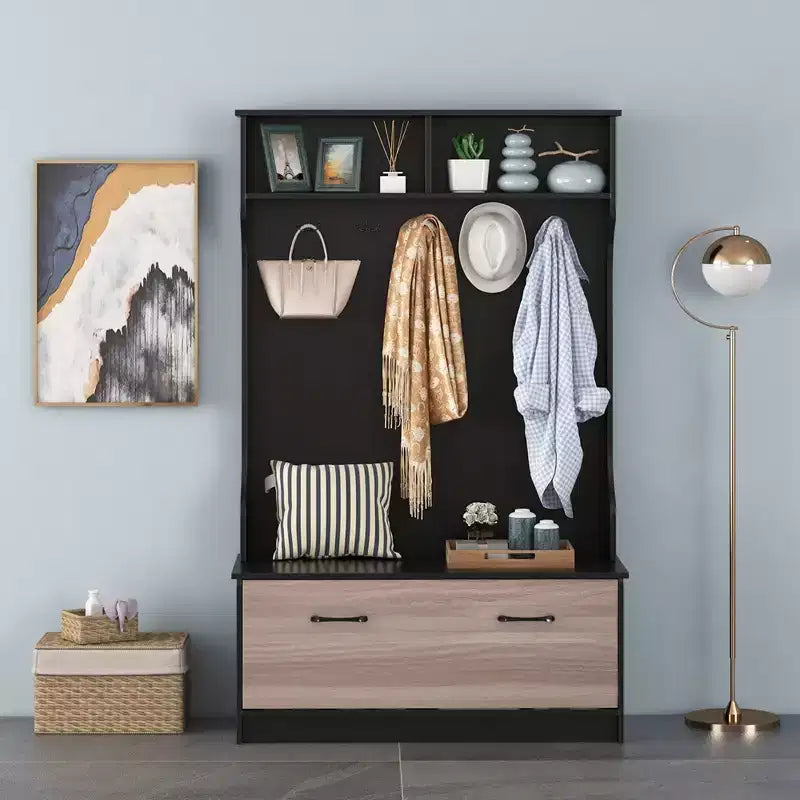 Costway 63 Inches Hall Tree with Coat Rack and Storage Bench Multifunctional Coat Rack Black/White