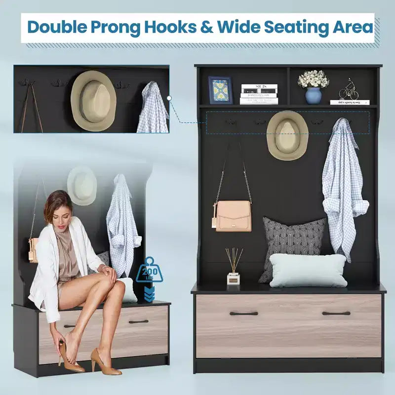 Costway 63 Inches Hall Tree with Coat Rack and Storage Bench Multifunctional Coat Rack Black/White