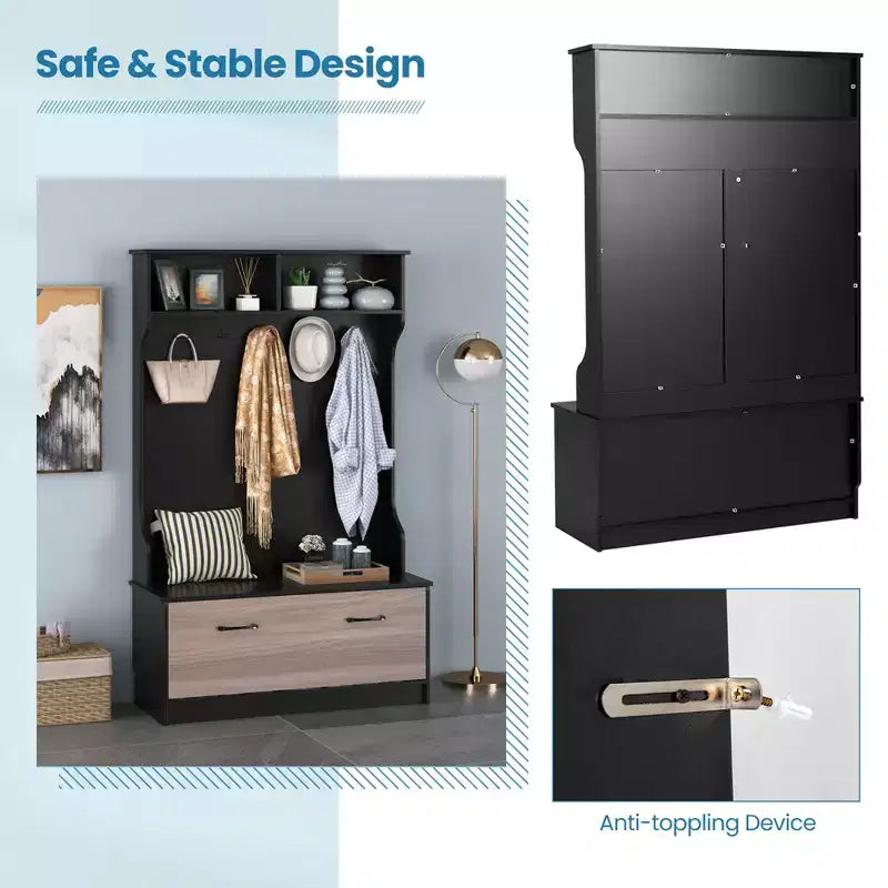 Costway 63 Inches Hall Tree with Coat Rack and Storage Bench Multifunctional Coat Rack Black/White