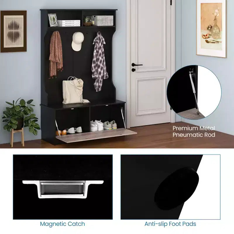 Costway 63 Inches Hall Tree with Coat Rack and Storage Bench Multifunctional Coat Rack Black/White