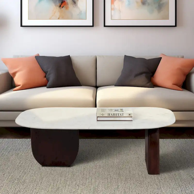 Modern Marble and Wood 16H Abstract Oval Coffee Table - 48 x 24 x 16