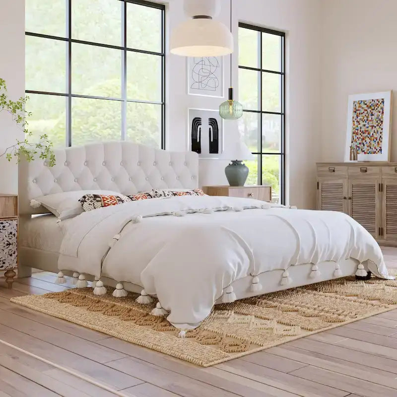 Upholstered Platform Bed with Saddle Curved Headboard and Diamond Tufted Details