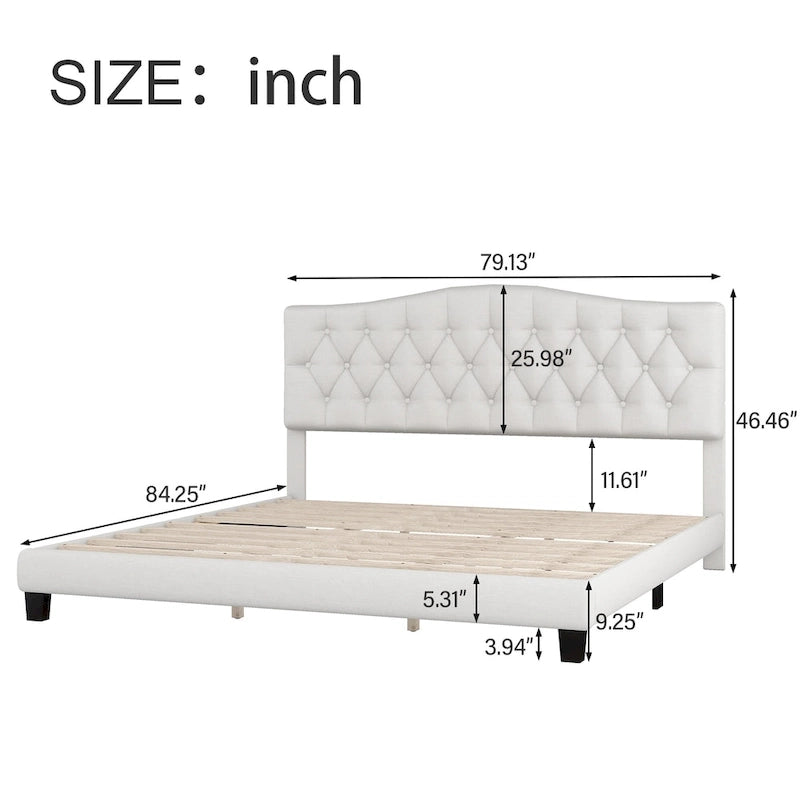 Upholstered Platform Bed with Saddle Curved Headboard and Diamond Tufted Details
