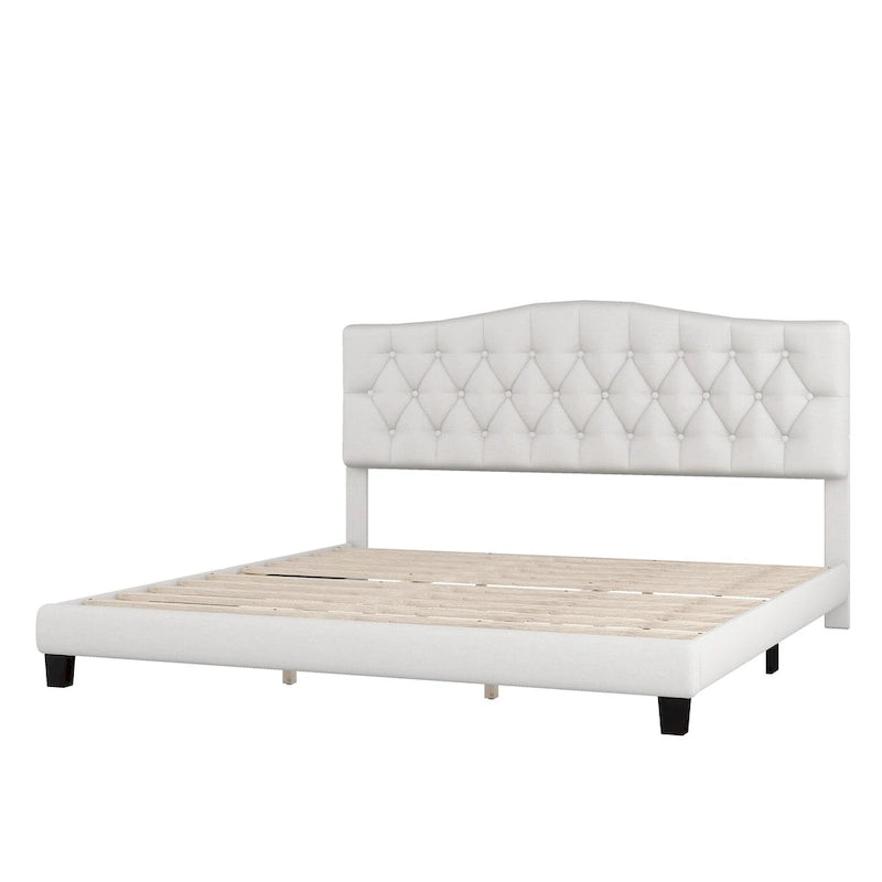 Upholstered Platform Bed with Saddle Curved Headboard and Diamond Tufted Details