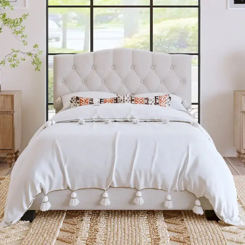 Upholstered Platform Bed with Saddle Curved Headboard and Diamond Tufted Details