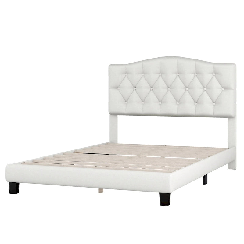 Upholstered Platform Bed with Saddle Curved Headboard and Diamond Tufted Details