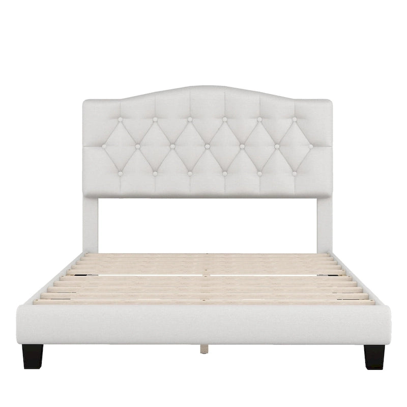 Upholstered Platform Bed with Saddle Curved Headboard and Diamond Tufted Details