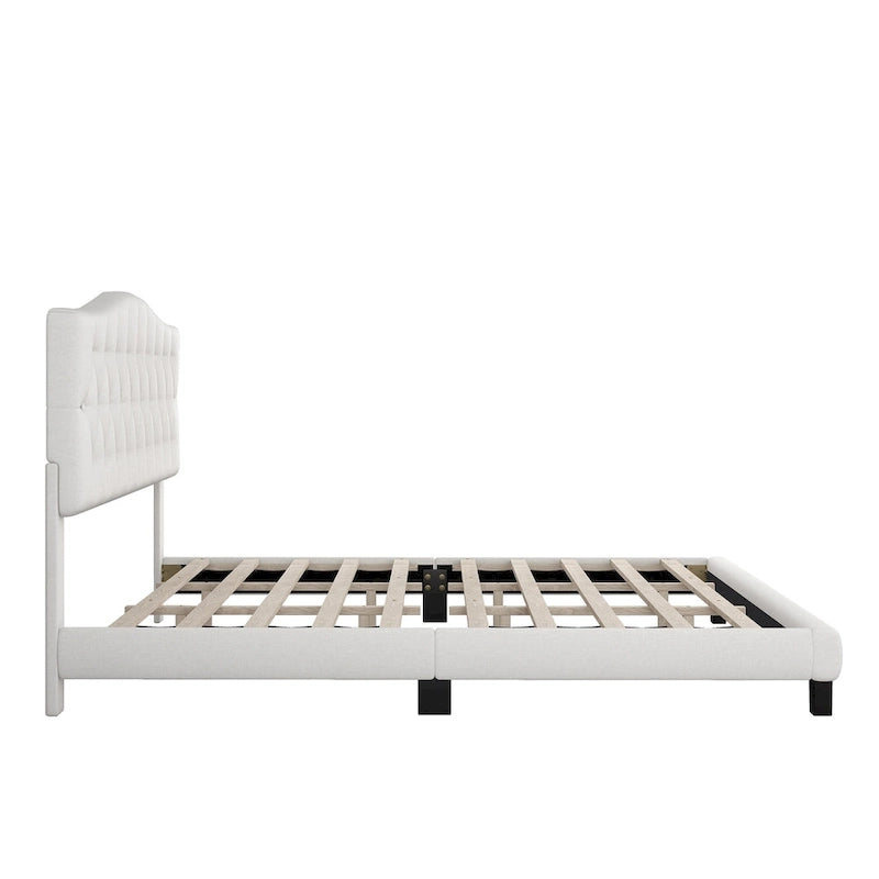 Upholstered Platform Bed with Saddle Curved Headboard and Diamond Tufted Details