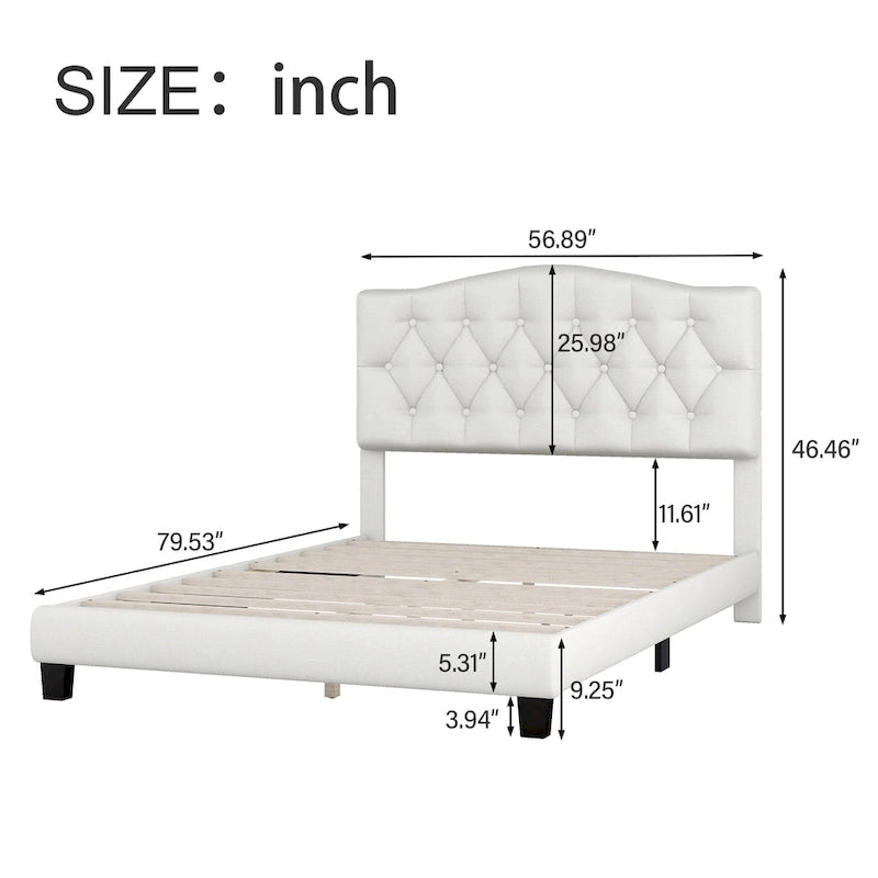 Upholstered Platform Bed with Saddle Curved Headboard and Diamond Tufted Details