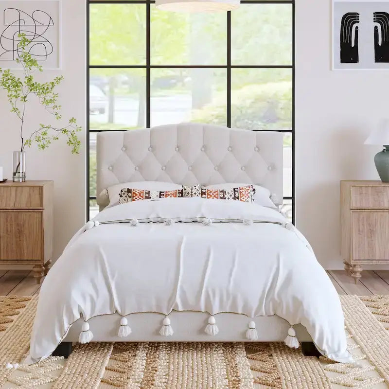 Upholstered Platform Bed with Saddle Curved Headboard and Diamond Tufted Details