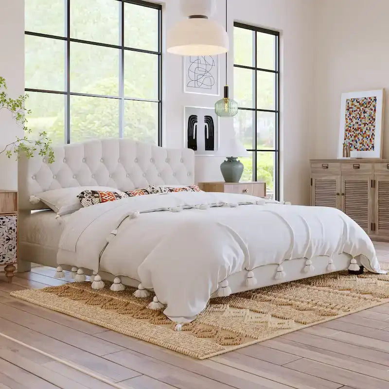 Upholstered Platform Bed with Saddle Curved Headboard and Diamond Tufted Details
