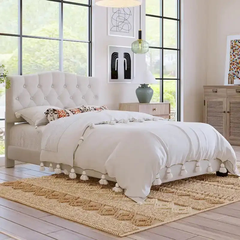 Upholstered Platform Bed with Saddle Curved Headboard and Diamond Tufted Details