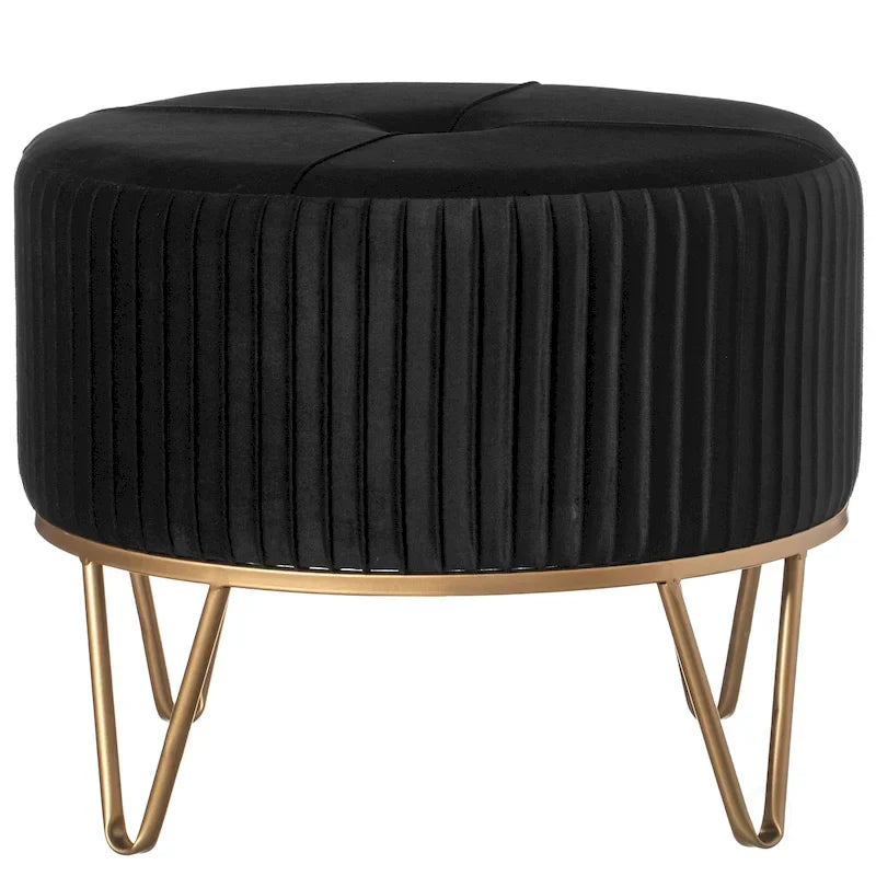 Round Velvet Ottoman Stool Raised with Hairpin Gold Base