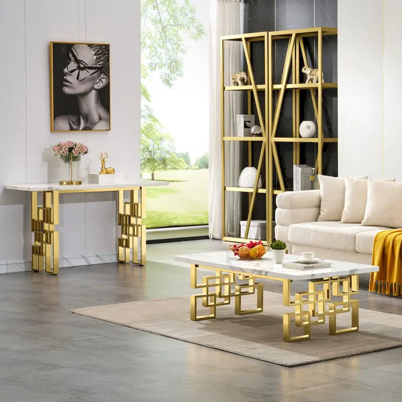 Luxury White and Gold Living Room Tables Coffee Table End Table Console Table for Living Room Guest Hall Reception Room Entryway