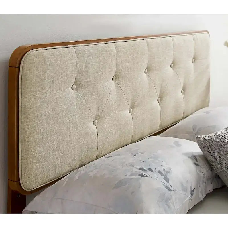 Glendale Traditional Beige Fabric Button Tufted King Walnut Wooden Headboard