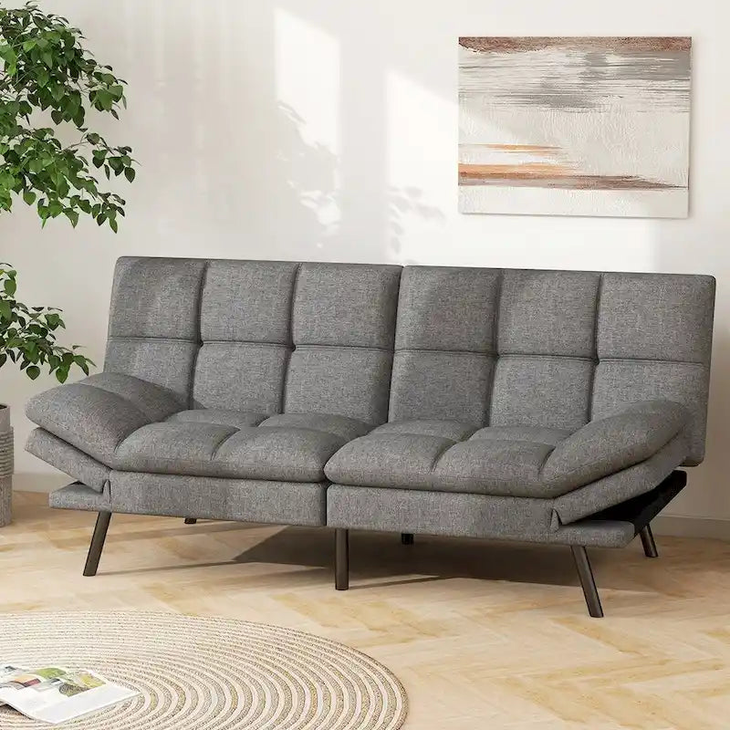 Memory Foam Futon Couch Bed Faux Leather Convertible Sofa with Adjustable Splitback Armrests for Compact Living Space, Grey