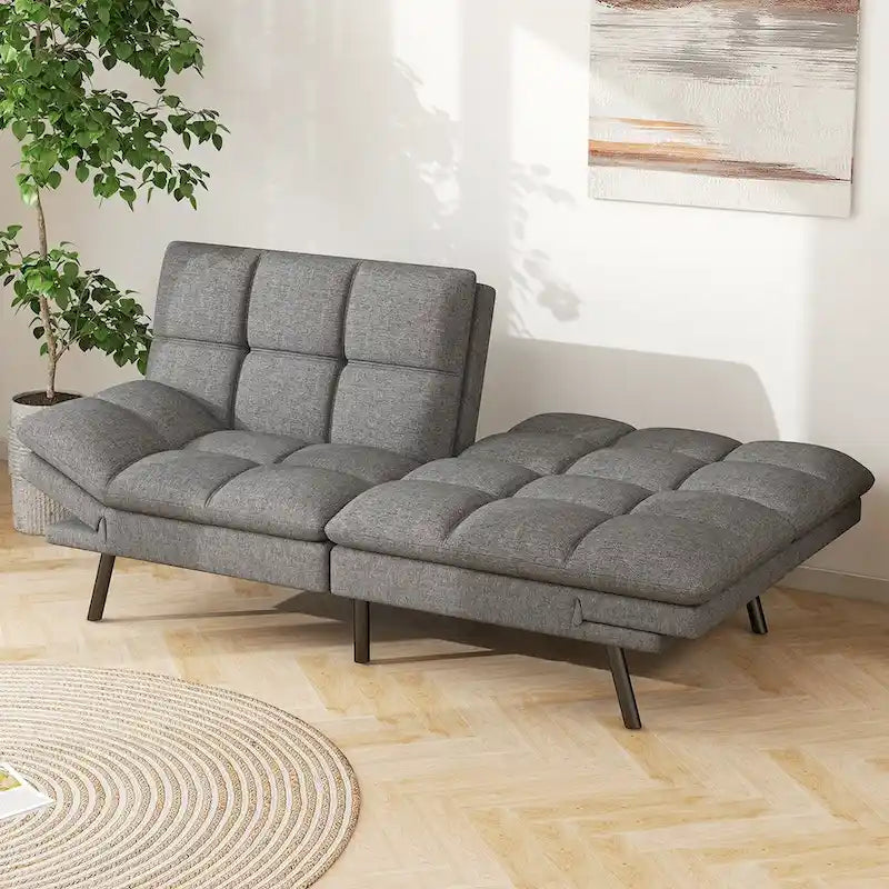 Memory Foam Futon Couch Bed Faux Leather Convertible Sofa with Adjustable Splitback Armrests for Compact Living Space, Grey
