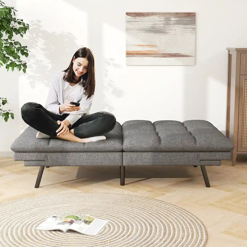 Memory Foam Futon Couch Bed Faux Leather Convertible Sofa with Adjustable Splitback Armrests for Compact Living Space, Grey