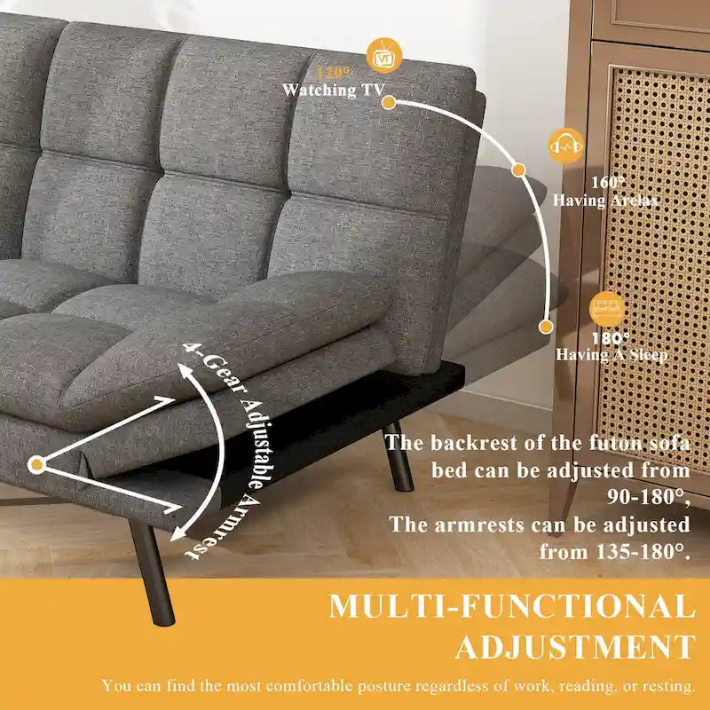 Memory Foam Futon Couch Bed Faux Leather Convertible Sofa with Adjustable Splitback Armrests for Compact Living Space, Grey